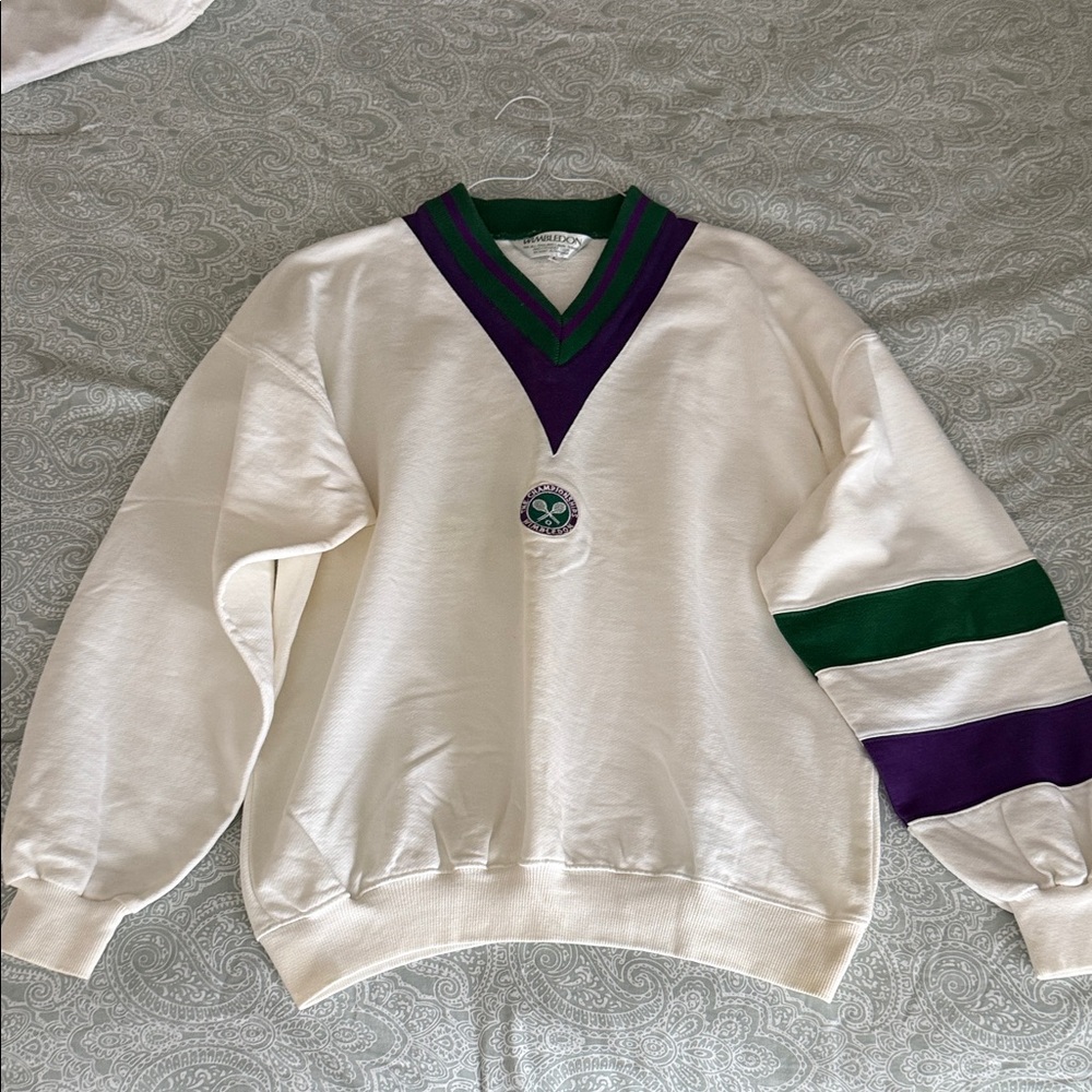 Wimbledon White V-Neck Sweaatshirt with Green & Purple Trim - Picture 6 of 6